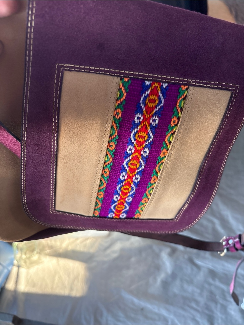 Purple Suede Crossbody Bag with Colorful Embroidered Panel